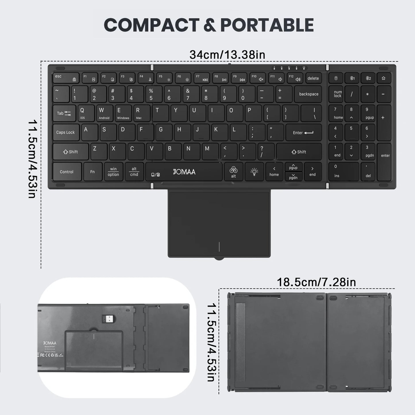 Tastiera pieghevole full-size retroilluminata Jomaa Bluetooth+USB wireless con touchpad e tastierino numerico per laptop Windows