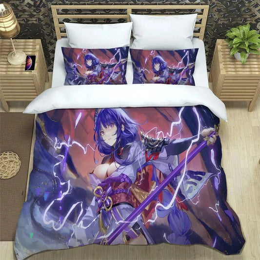Conjunto de cama Anime Genshin Impact para rapaz e rapariga, tamanhos Twin e Queen, capa de edredão e fronha, roupa de cama moderna para crianças e adultos, têxtil-lar