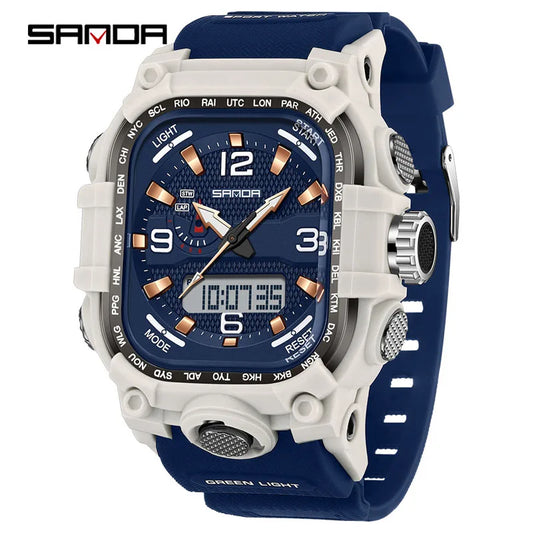 SANDA 6310 Men's Electronic Watch Multifunctional Luminous Alarm Clock Calendar Stopwatch Dual Display Digital Watches for Man