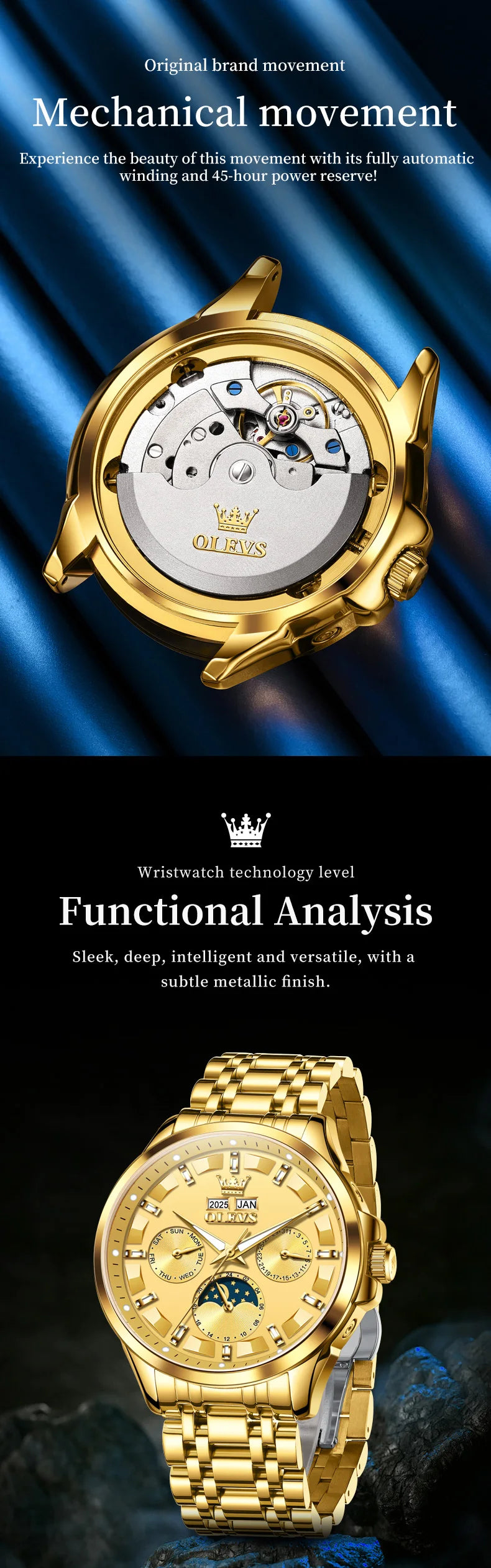 OELVS 7070 New Mens Watch Luxury Automatic Mechanical Watches For Man Moon Phase Waterproof Luminous Steel Watch Gift Box Reloj