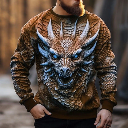 Huvtröja för herr med kinesiskt draktryck – moderiktig sweatshirt med 3D-drakmönster, hiphop, oversized pullover för herr, Monster Golf