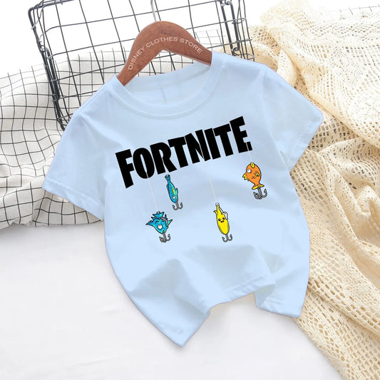 T-shirts de Criança Fortnite com Estampado de Figuras Cartoon do Jogo Fortress Night, Tops de Manga Curta para Verão, Roupa para Rapazes e Raparigas