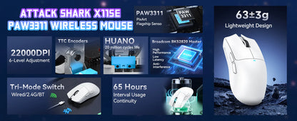 Mouse da gaming wireless ATTACK SHARK X11SE, tri-mode, ultraleggero 63g con sensore PAW3311, 22000 DPI, batteria 300mAh, doppio driver