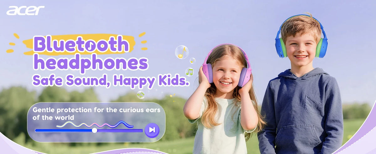 Casque Bluetooth 6.0 pour enfants Acer OHR668, limiteur de volume 85/94 dB, casque sans fil pliable à porter sur les oreilles, autonomie de 60 heures, microphone intégré.