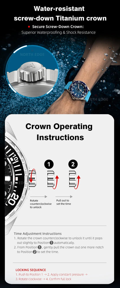 NORTH EDGE 2025 NEW+ TRITON-TI Titanium Solar-Powered Diving Watch Luxury Quartz Watches for Men 300M Waterproof 180+ Day Power