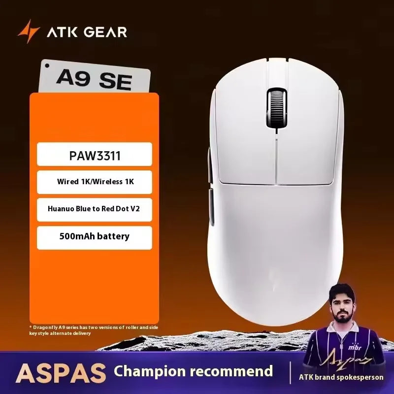 Mouse gaming wireless ATK A9 con tecnologia NearLink, ergonomico, PAW3395, tri-mode Bluetooth a bassa latenza, mouse esports per PC