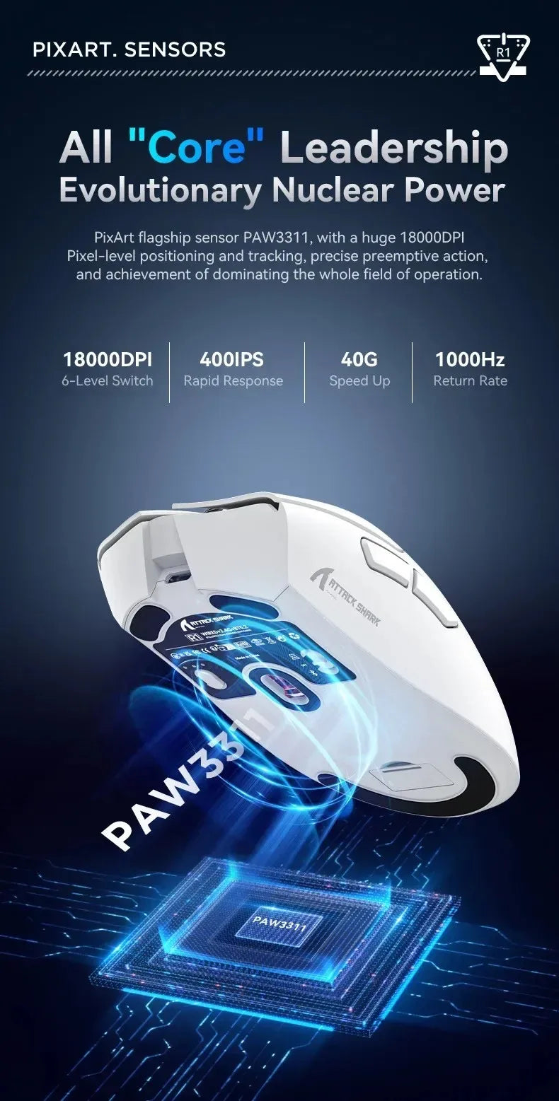 ATTACK SHARK R1 59g Ultra-Light Mouse with PAW3311, 18000 DPI, 400 IPS, 40G, 1000Hz, Tri-Mode, Broadcom BK3633 Master, 20 Million Times