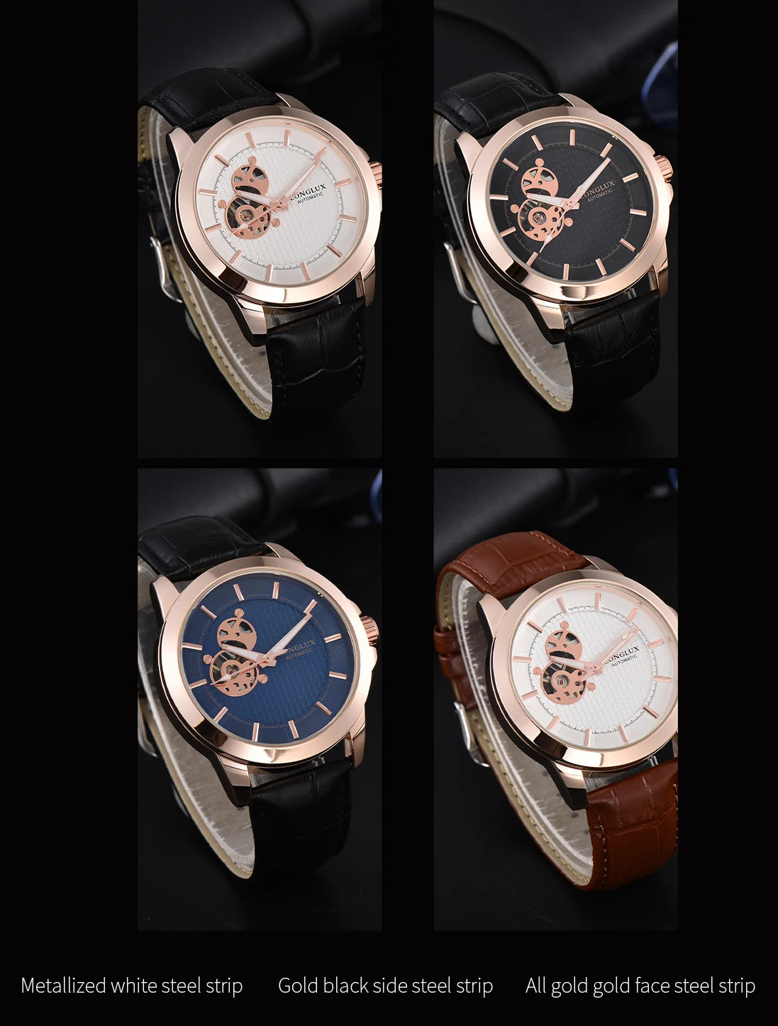 Automatic Watch Minimalist Elegant Everyday Skeleton Waterproof Mechanical Watches Rose Gold Leather Mens Watch Men Gift for Him
