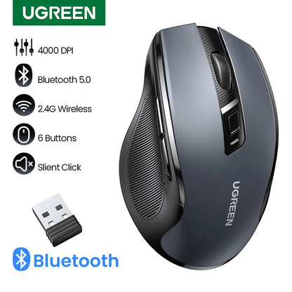 Rato sem fios UGREEN Bluetooth 5.0 ergonómico, 4000DPI, 6 botões silenciosos, para MacBook, tablet, portáteis, computador e PC, rato 2.4G