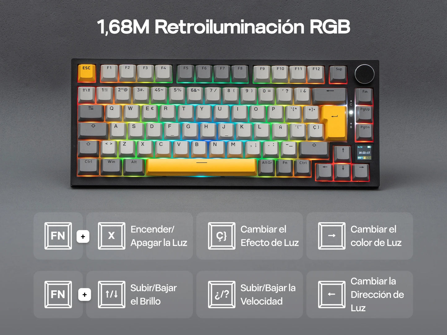 ISO-ES-Layout EPOMAKER X AJAZZ AK820 PRO 75% Spanisches Layout Kabelgebundene/2.4GHz/BT mechanische Tastatur mit Display & Drehregler für PC/Mac