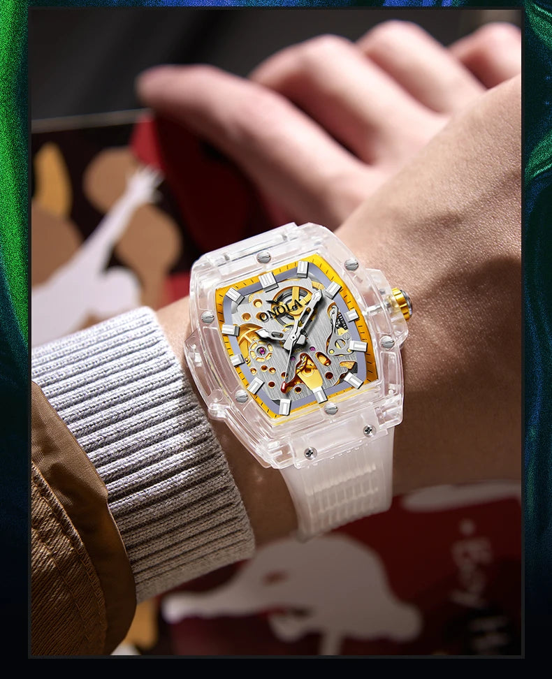 Luxury men's watch onola plastic transparent hollow full automatic mechanical watches men waterproof clock