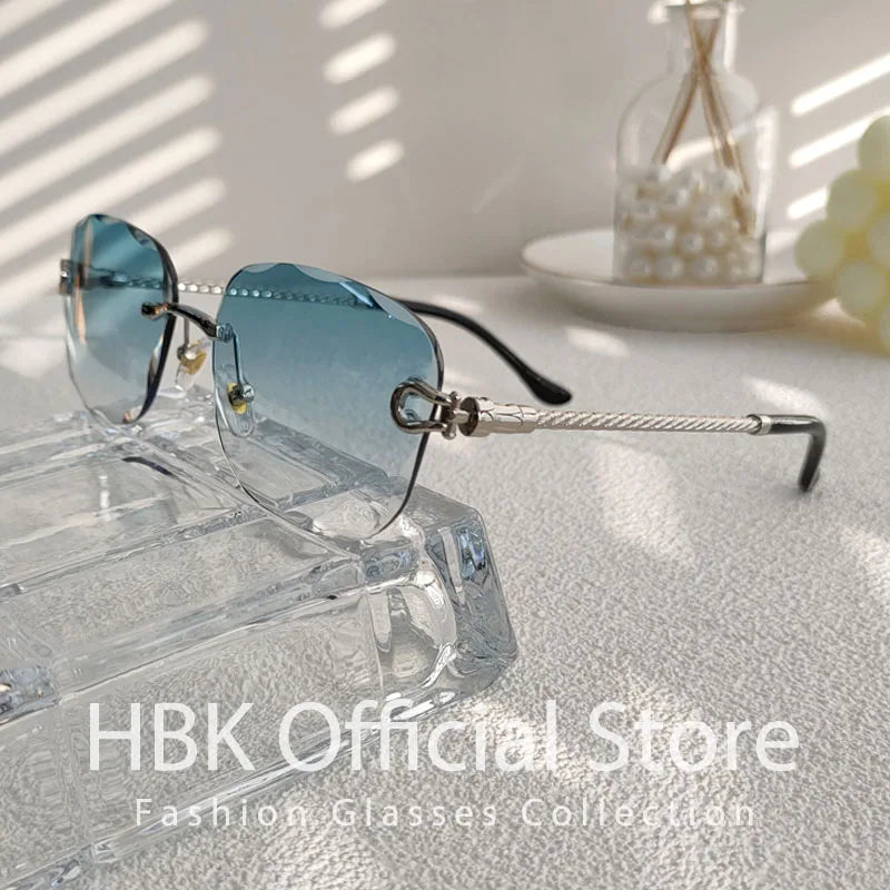 Lunettes de soleil métalliques sans monture HBK pour homme, lunettes de soleil « Wave Cutting » pour femme, lunettes de voyage et de shopping, lunettes de vue UV400, style estival