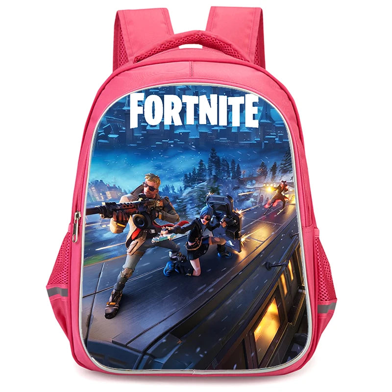 Mochila Fortnite Cartoon vermelha de 16" unissexo com fecho duplo, grande capacidade, mochila escolar para crianças, meninos e meninas dos 5 aos 8 anos