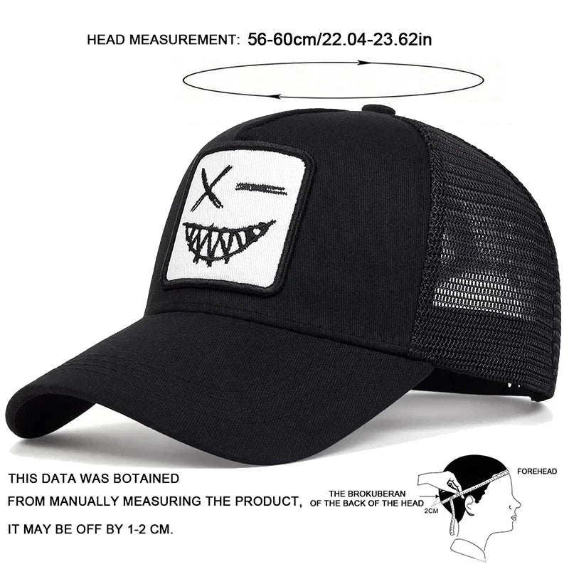 Czapki z daszkiem typu „trucker” unisex z haftem przedstawiającym uśmiechniętą twarz z zębami, z siateczką baseballową, na wiosnę i lato, chroniące przed słońcem, z regulowanym paskiem, na co dzień