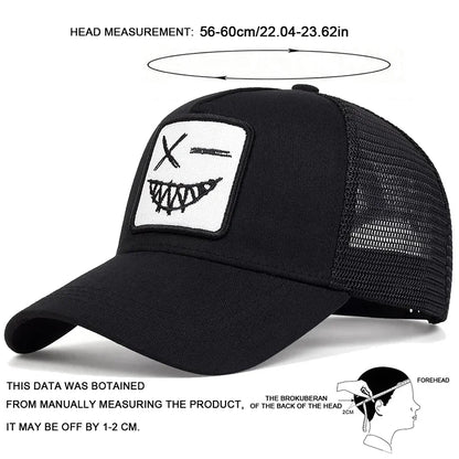 Czapki z daszkiem typu „trucker” unisex z haftem przedstawiającym uśmiechniętą twarz z zębami, z siateczką baseballową, na wiosnę i lato, chroniące przed słońcem, z regulowanym paskiem, na co dzień