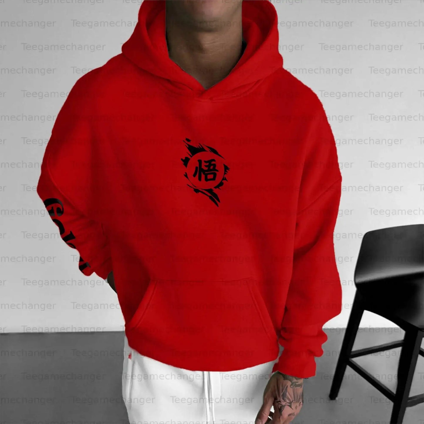 Conjunto de hoodie vermelho e calças jogger DRAGON BALL Goku para homem e mulher, outfit de duas peças com estampado de personagem anime e design preto Wu Kanji