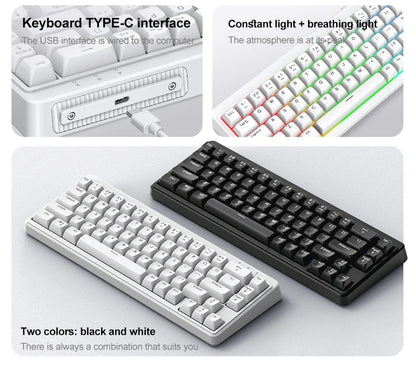 FREEWOLF M68SE Teclado con tacto mecánico de 68 teclas, mini teclado compacto con cable y silencioso para portátiles, gaming y uso de oficina
