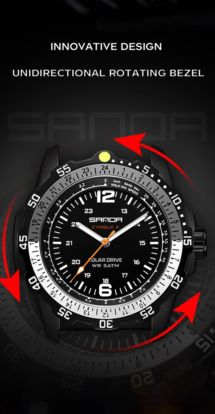 SANDA Luxury Men's Solar-powered Watch Creative Quartz Dial Luminous Hands Waterproof Sport Student Wristwatch Innovative Design