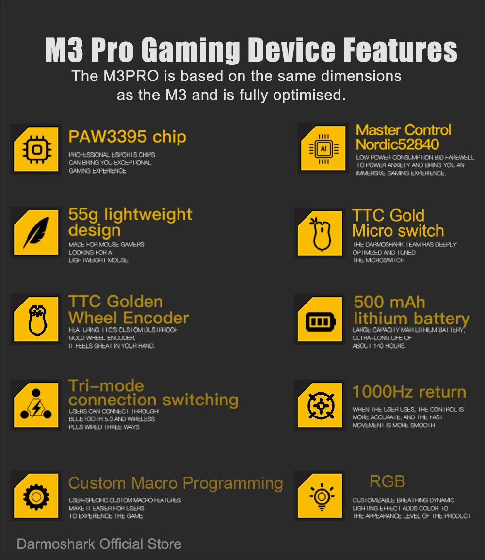 Darmoshark M3Pro gamingmus 2.4G BT trådlös tri-mode PAW3395-sensor N52840 26000DPI för stora händer makrodrivrutin mus för gaming