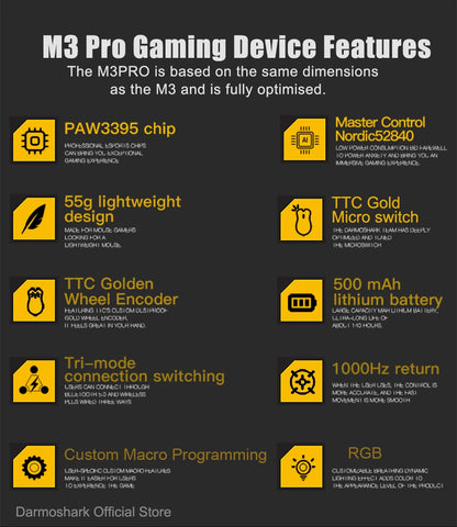 Darmoshark M3Pro gamingmus 2.4G BT trådlös tri-mode PAW3395-sensor N52840 26000DPI för stora händer makrodrivrutin mus för gaming