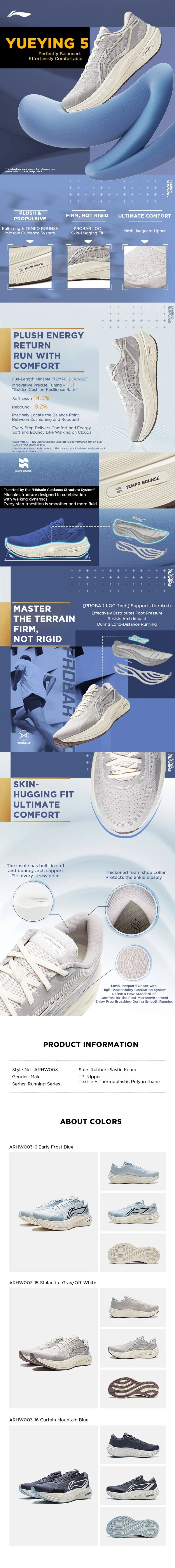 Li-Ning men's YUEYING 5 optimized cushion running shoes with wide toe box, TEMPO BOUNSE reflective Li-Ning sneakers, models ARHV015 and ARHW003