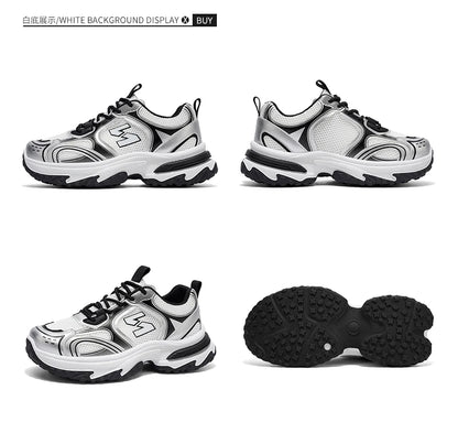 Unisex Trendy Chunky Dad Sneakers Silver Black Retro Couple Breathable Mesh Casual Platform Shoes