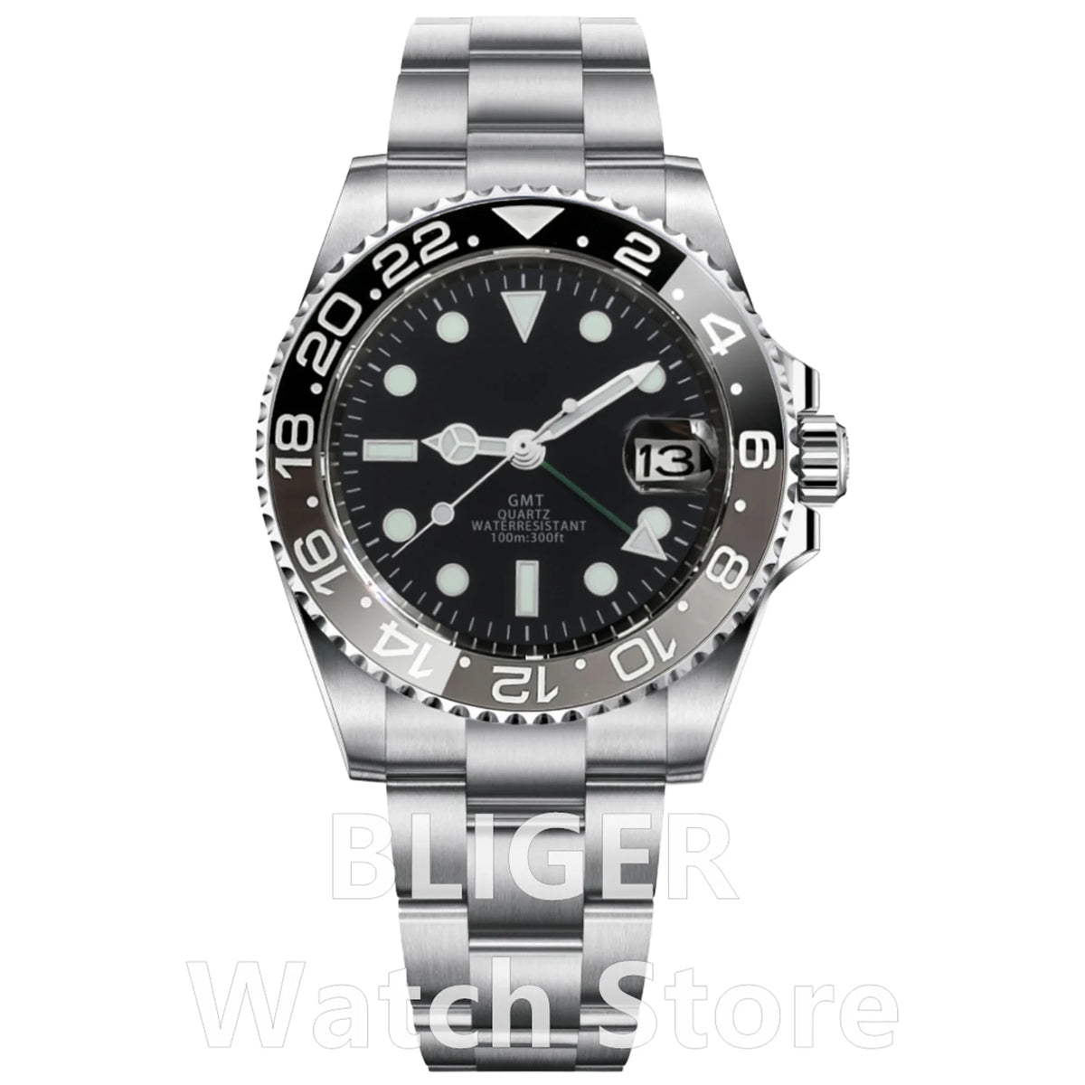 BLIGER 40mm 515 24H GMT Men's Watch Stainless Steel Clasp Luminous Quartz Movement Ceramic Bezel Sapphire Glass 10Bar Waterproof