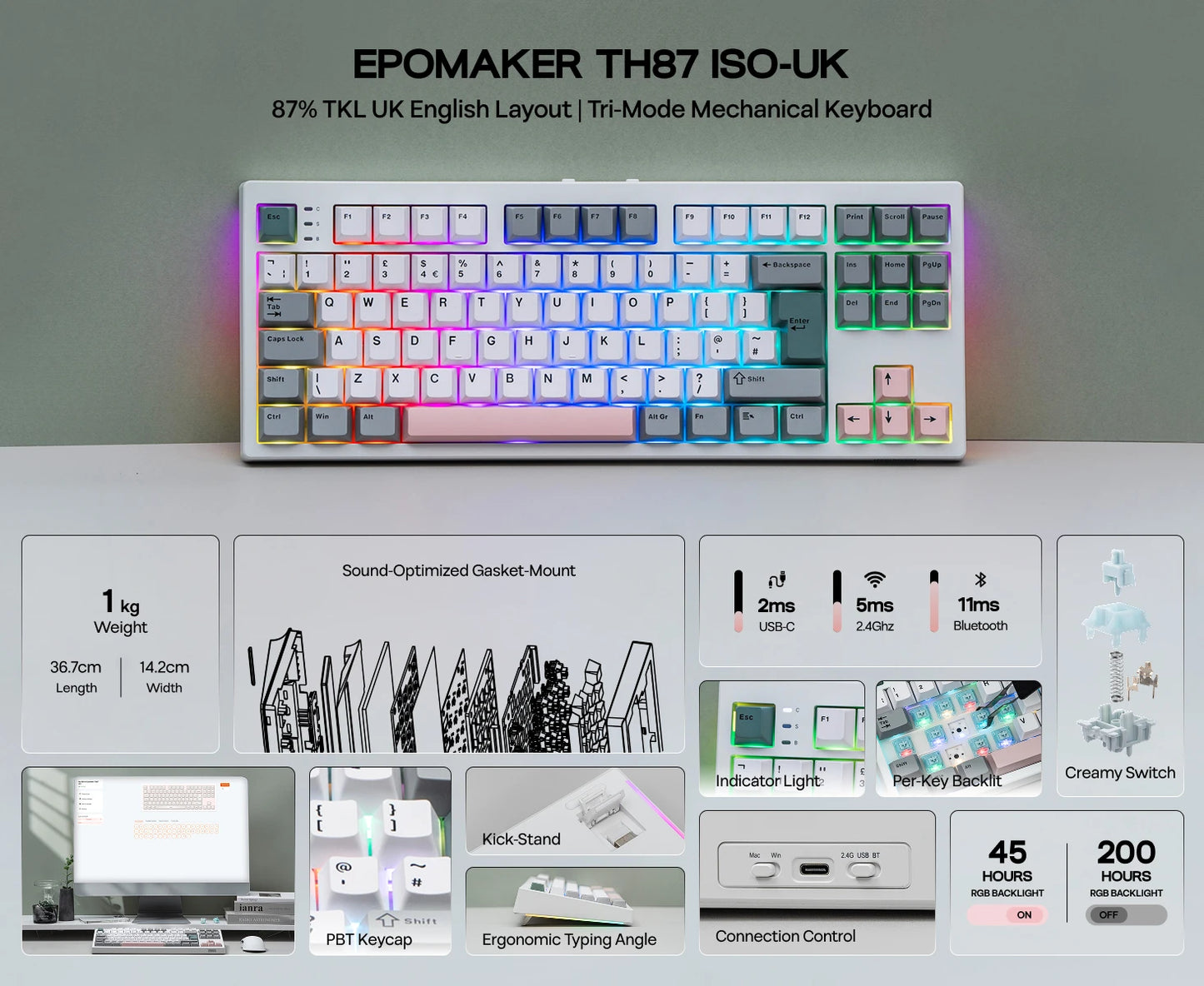 ISO-UK-Layout EPOMAKER TH87 TKL-Layout kabelgebundene/BT/2.4Ghz kabellose mechanische NKRO-Tastatur mit 10000mAh-Akku & RGB-Beleuchtung