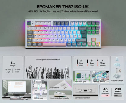 ISO-UK-Layout EPOMAKER TH87 TKL-Layout kabelgebundene/BT/2.4Ghz kabellose mechanische NKRO-Tastatur mit 10000mAh-Akku & RGB-Beleuchtung