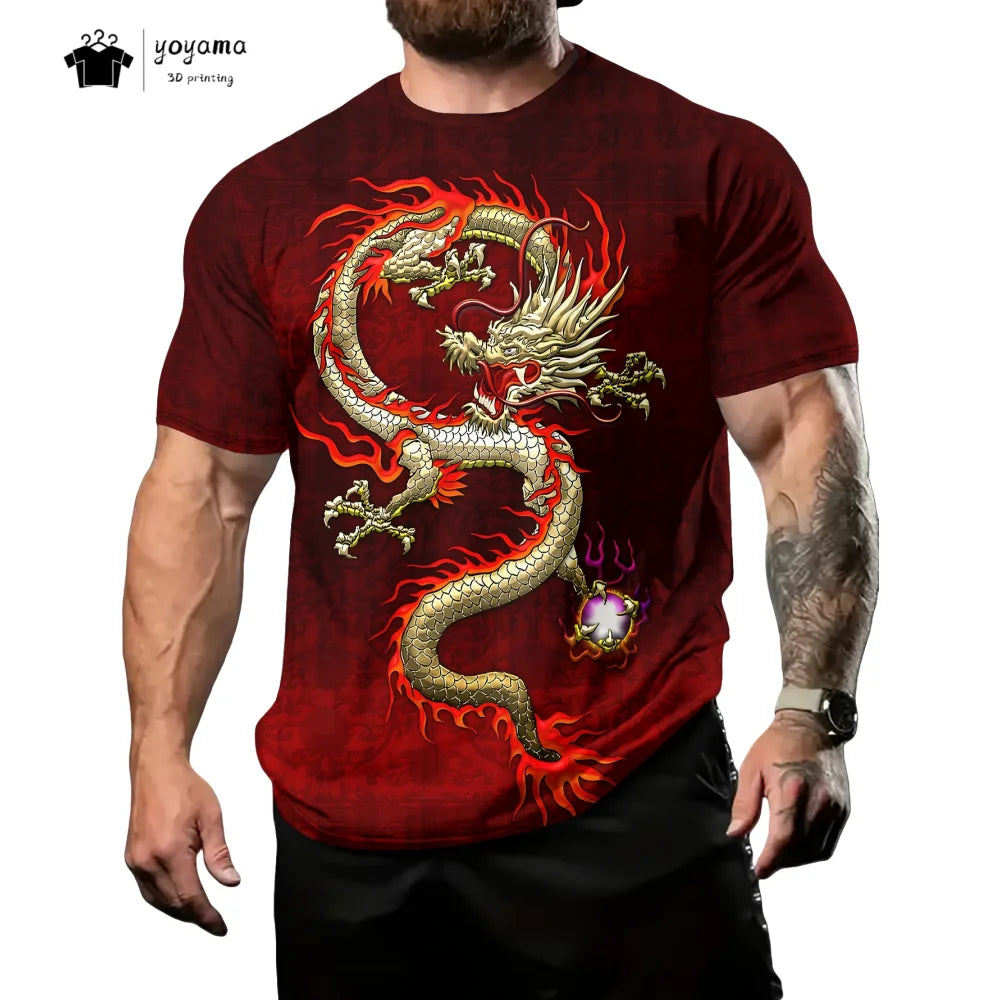 T-shirts för herr med drakmönster, kortärmad T-shirt, trendig streetwear-topp med O-ringning, djurmönster i 3D-tryck, lös och mångsidig herrklädsel