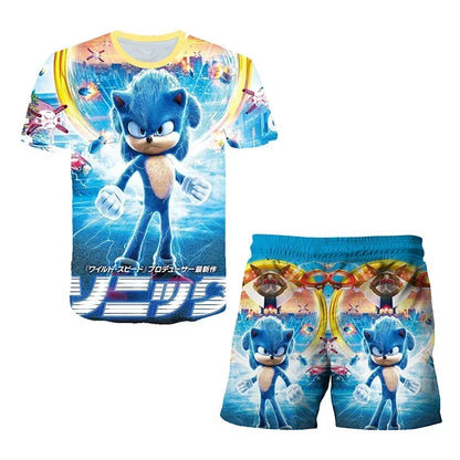 Sonic The Hedgehog Top Fashion 3D Anime Children's T-shirt Set Short Sleeve + Shorts Two-piece Set Girls Boys Cosplay Costume