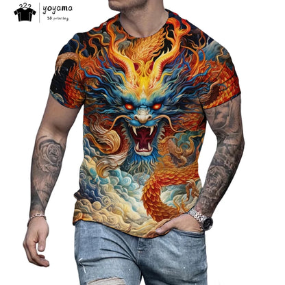 T-shirts för herr med drakmönster, kortärmad T-shirt, trendig streetwear-topp med O-ringning, djurmönster i 3D-tryck, lös och mångsidig herrklädsel