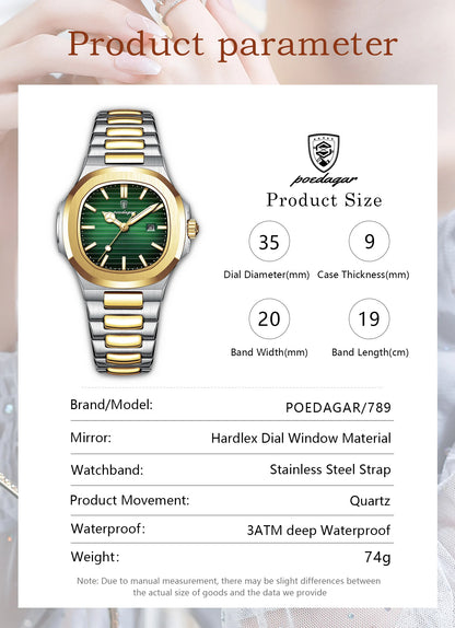 POEDAGAR Square Luxury Watch For Woman Waterproof Luminous Date Ladies Wristwatch Stainless Steel Fashion Quartz Women's Watches