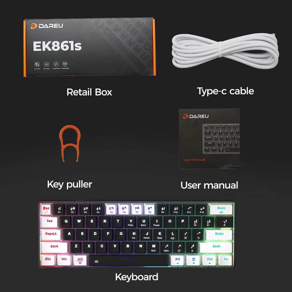 DAREU EK861S RGB Wired Mechanical Keyboard 61 Keys Red Switches ABS Keycaps N-key Rollover with Magnetic Feet