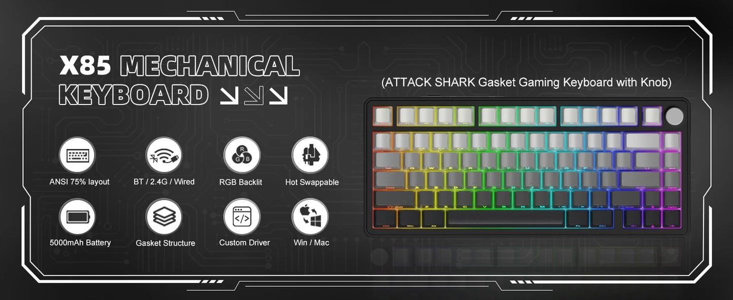 Tastiera meccanica ATTACK SHARK X85 Tri-mode Gasket 75% con manopola CNC, imbottitura a 5 strati, hot swap, retroilluminazione RGB, NKRO