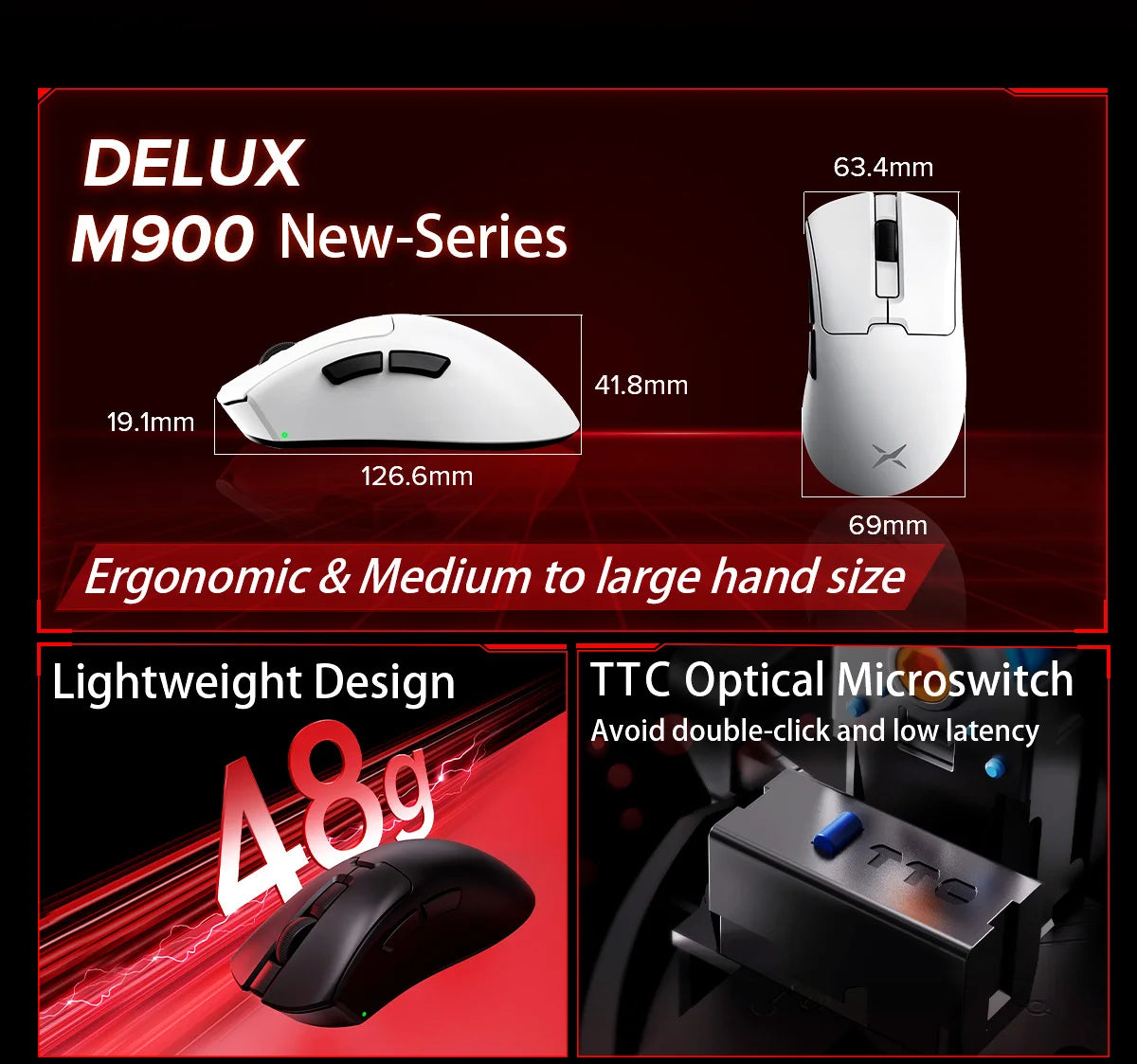 Delux M900PRO Ultra-light Version Wireless Gaming Mouse Ergonomic 1K/8K Polling Rate 50g PAW3395 for Right Big Hand PC Gamer