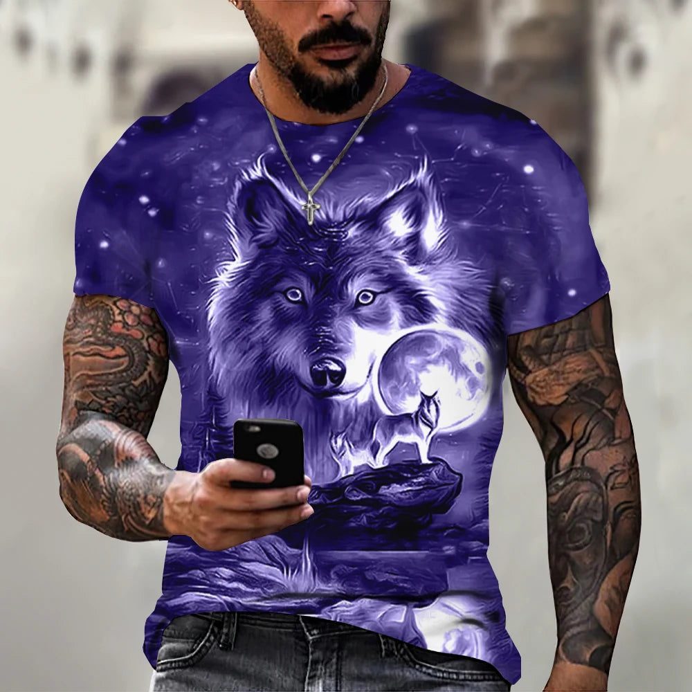 European and American men's new fashionable summer wolf roar print comfortable and breathable round neck T-shirt outdoor top