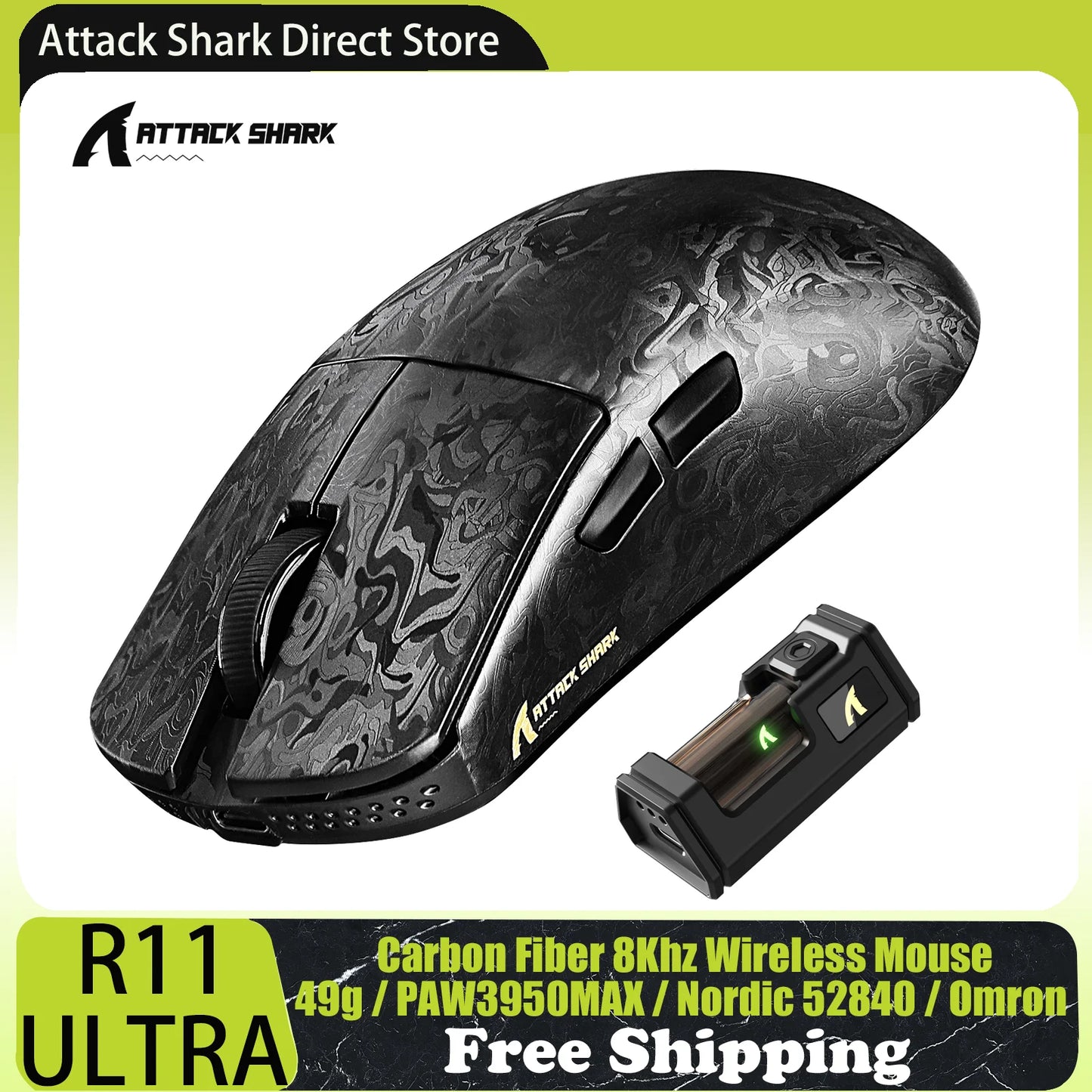 ATTACK SHARK R11 ULTRA szénszálas vezeték nélküli gaming egér, 8000Hz, PAW3950MAX, 42000DPI, 49g könnyű kivitel, 20000FPS, Nordic 52840