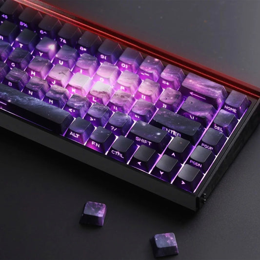 Purple Galaxy Gradient Side Carving Transparent Cherry Keycap PBT 135 Key Compatible with 60/64/84/98/108 Mechanical Keyboard