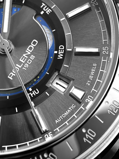 ROLENDO 1908 Men Automatic Mechanical Watch 21 Jewels Black Genuine Leather Business Wristwatch Waterproof Luxury Male Timepiece