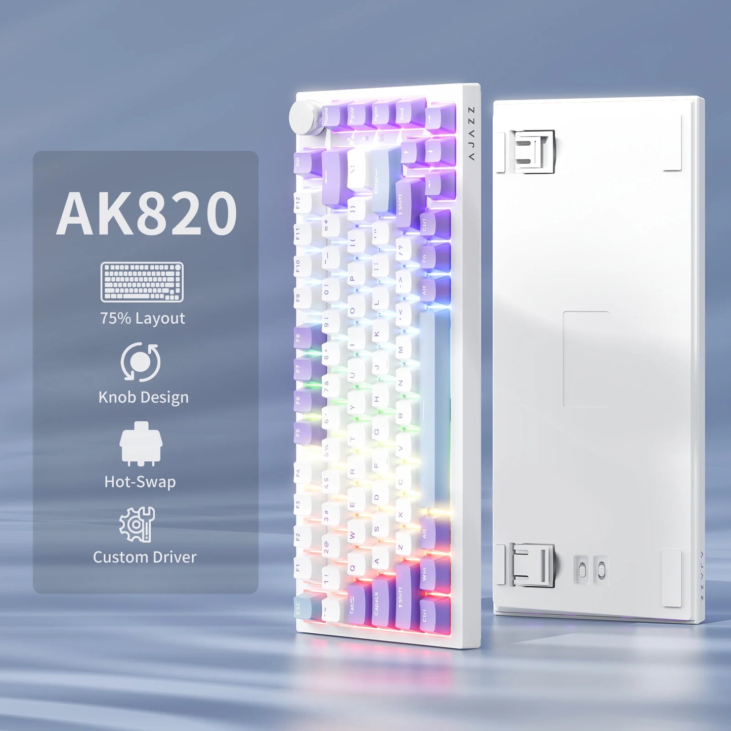 AJAZZ AK820 75% kabelgebundene mechanische Tastatur: Hot-Swap-fähig, RGB-/Weiß-/Eisblau-Hintergrundbeleuchtung, Steuerung per Lautstärkeregler | Für Büro & Gaming