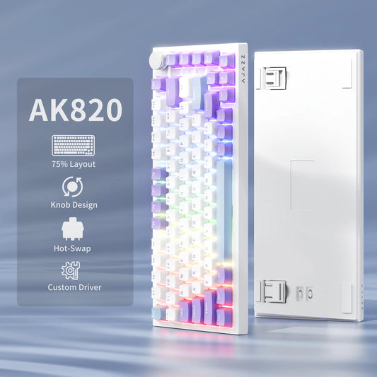 AJAZZ AK820 75% Wired Mechanical Keyboard: Hot‑Swappable, RGB/White/Ice‑Blue Backlit, Volume Knob Control | For Office & Gaming