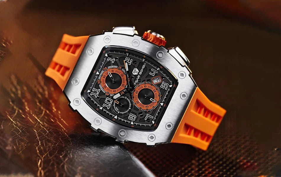 TSAR BOMBA Uhr für Herren, Luxusmarke, Tonneau-Design, wasserdichte Uhr, Edelstahl-Armbanduhr, modische rechteckige Herrenuhr