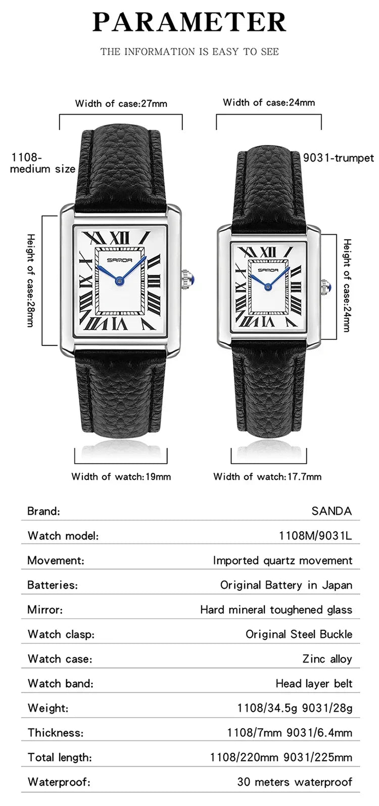 SANDA 9031/1108 Sport Casual Women Men Quartz Watches Reloj Luxury Couple Watch Resistant Leather Strap Square Dial Waterproof