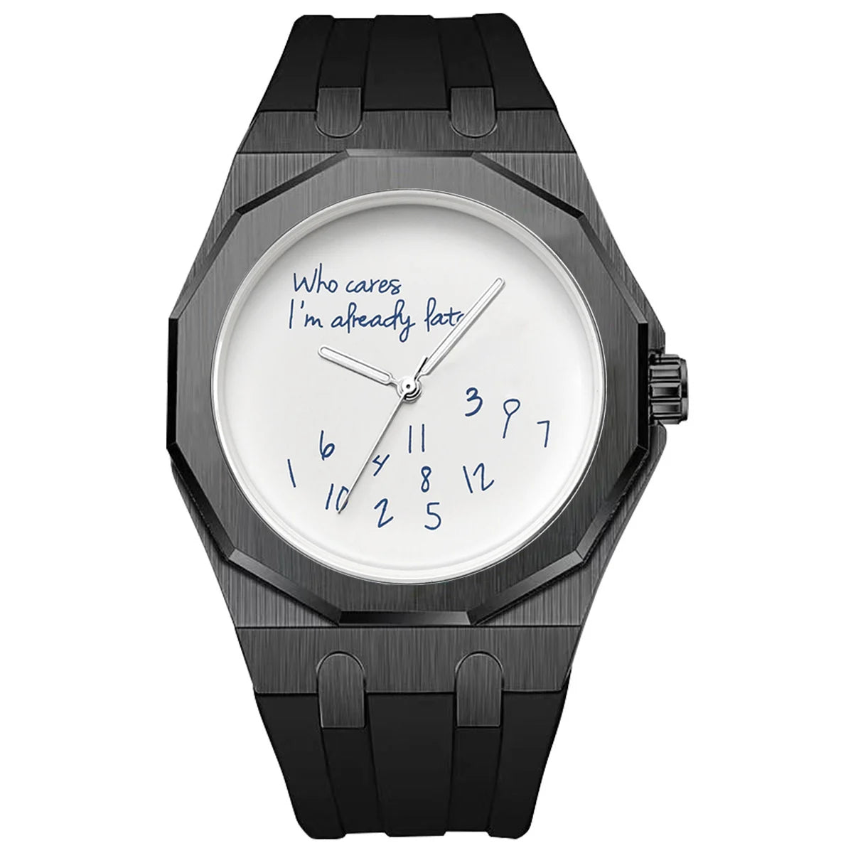 Luksusowy zegarek męski z ośmiokątną kopertą i silikonowym paskiem, wodoodporny, wyposażony w tarczę z humorystycznym hasłem „Who Cares I'm Already Late” (No i co z tego, i tak już się spóźniłem).