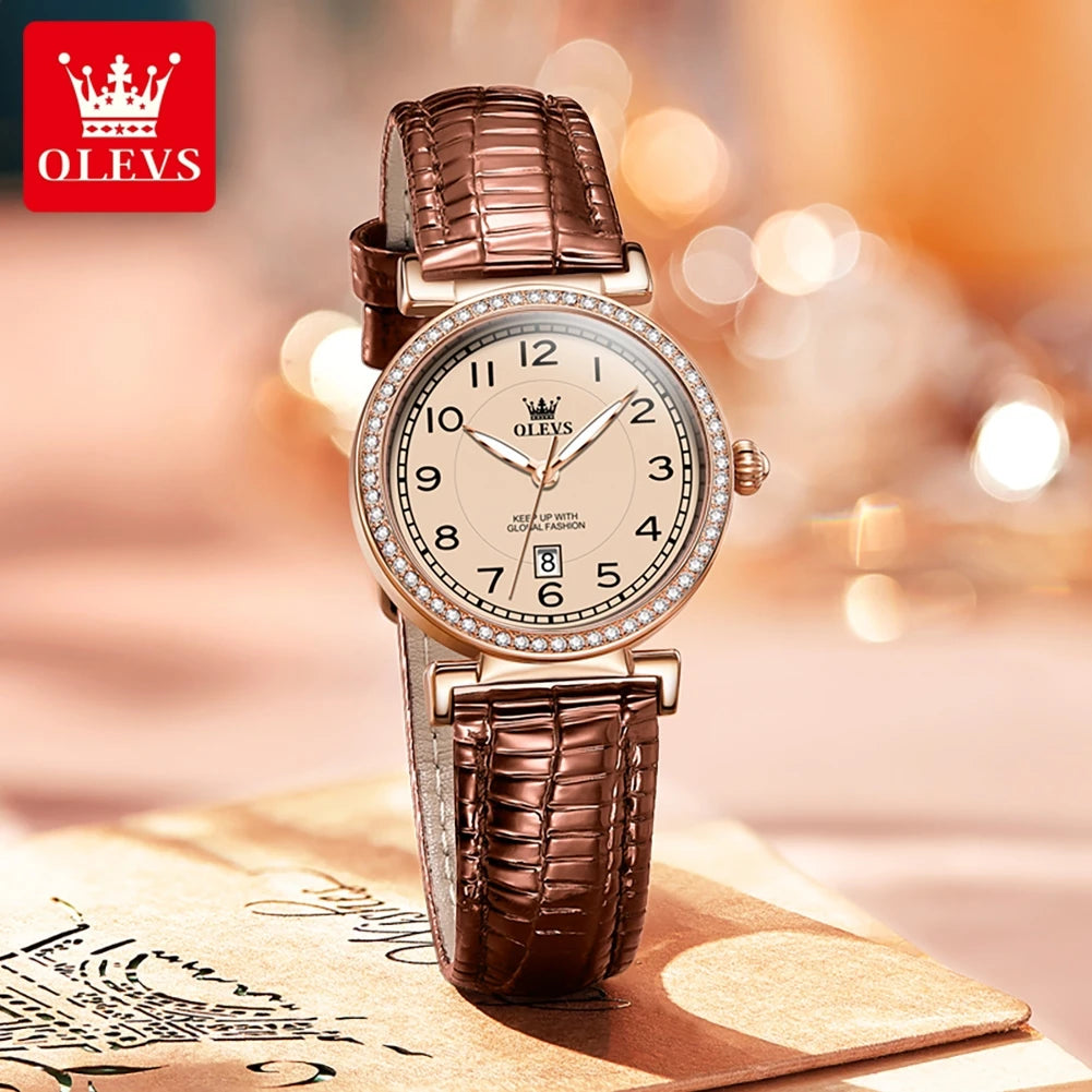 OLEVS 2025 New Fashion Womens Watches Top Brand Luxury Leather Strap Waterproof Calendar Diamond  Quartz Watch Relogio Feminino