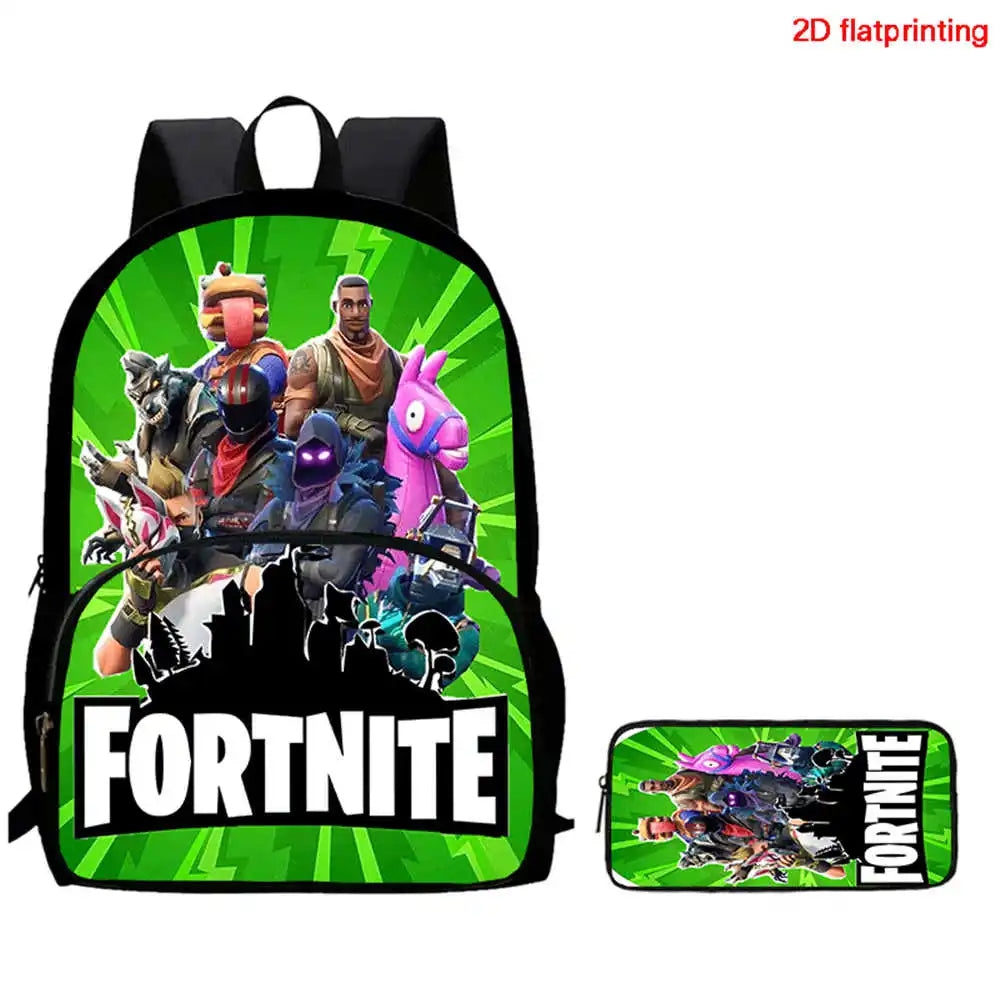 Fortnite Cartoon Backpack w/ Front Pocket & Pencil Case 2PCS - School Set for Boys Girls Age 5-8, Back to School Gift