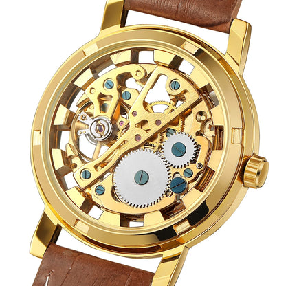 T-Winner Popular Lovers Skeleton Design Gold Watches Mechanical Hand Wind Movement PU Leather Strap Wristwatch for Men Women