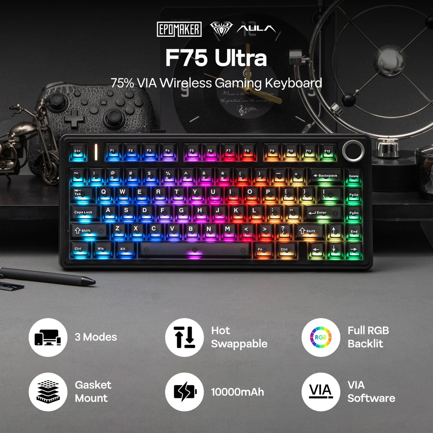 EPOMAKER x AULA F75 Ultra VIA programmierbare mechanische Tastatur, 75 %, ANSI-US-QWERTY-Layout, Gasket-Mount, kabelgebunden/Bluetooth/2.4Ghz kabellos