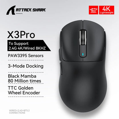 X3 vezeték nélküli gamer egér ATTACK SHARK, piros, 4K válaszidő, Bluetooth hárommódú kapcsolat, PAW3395, makrós Bluetooth gamer egér
